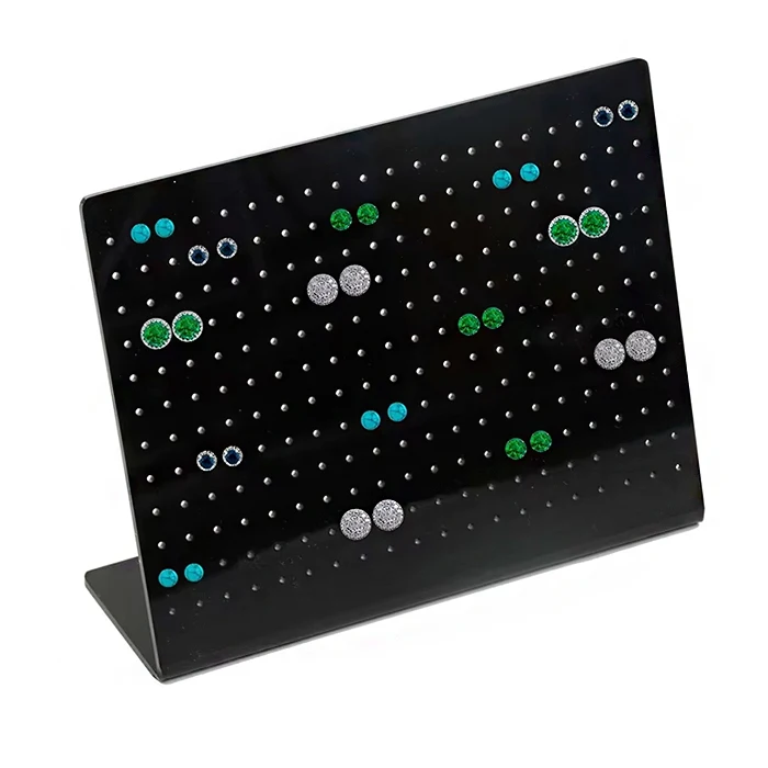 Custom Slanted L Shaped Black Acrylic Earring Display Stand Acrylic 120 Pairs Stud Earrings Jewelry Counter Stand