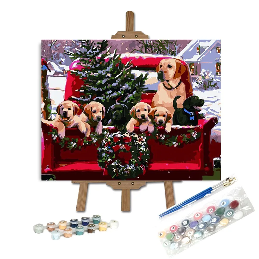 Wholesaling Christmas dogs and trees Merry Christmas design DIY painting by number oil painting