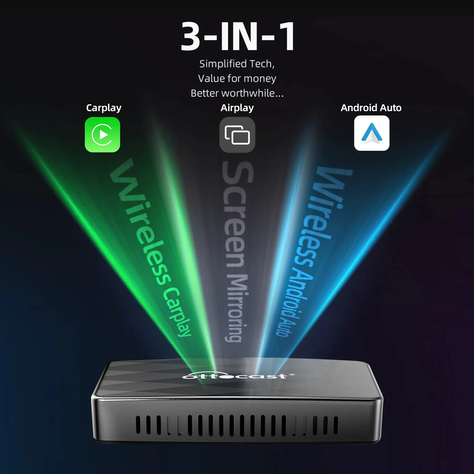 Ottocast latest Ottoadapter wireless 3 in 1 dongle wired carplay android auto cast smart mirroring airplay adapter for universal