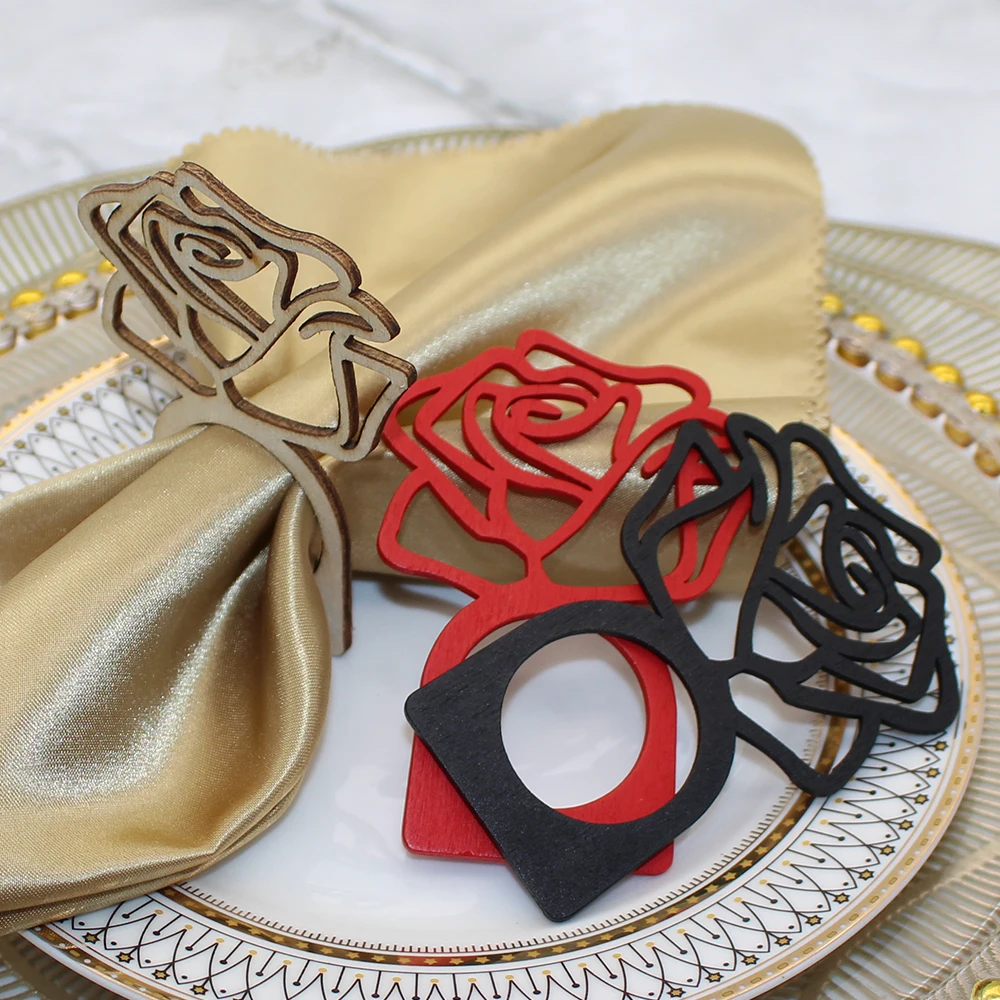 Laser Cut Rose Napkin Ring Wooden Napkin Ring Holder for Wedding Banquet Dinner Decoration HWW58