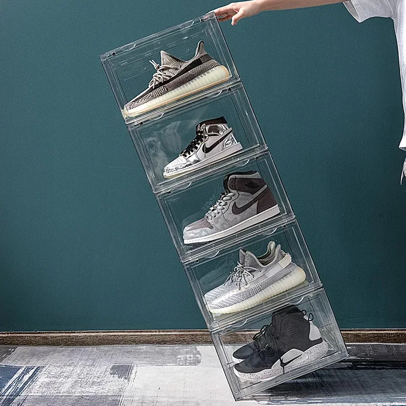 Wholesale Price Transparent Clear Stackable Acrylic Magnetic Plastic Sneaker Sports Shoes Display Organizer Shoe Storage Box