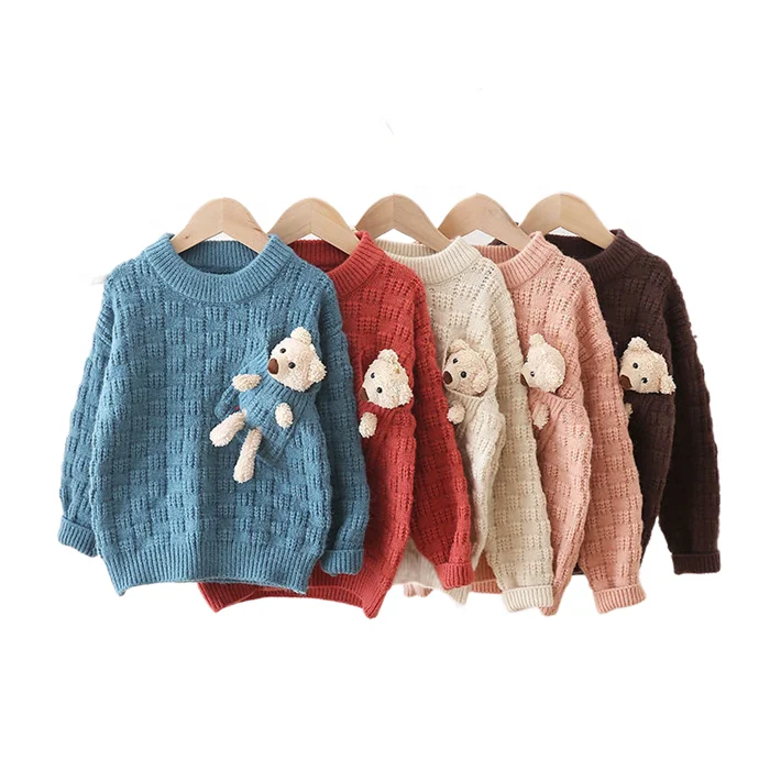 Оптовая продажа, детский однотонный вязаный свитер с круглым вырезом и карманами в виде мишки