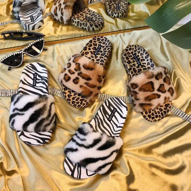 2021 designer new Leopard Warm Winter slides indoor outdoor plush fluffy fashion women fauxy fur slippers