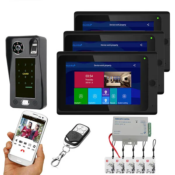 7 inch 3 Monitors Wifi Fingerprint IC Card Video Door Phone Doorbell Intercom System with Wired Door Access Control System