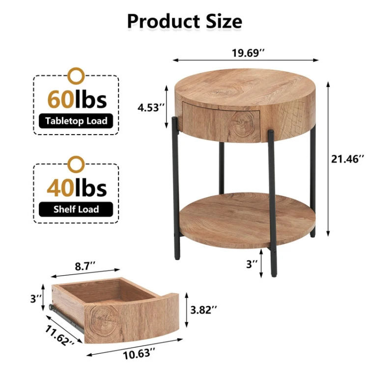 nordic modern metal wood bed round oak sofa side table for living room with drawer