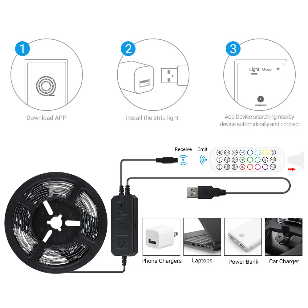
Factory OEM 3M 90LEDs Smart LED TV Backlight Strip Light USB For Remote Control 5V Smart Phone APP Connect 5050 Flexible Strip 