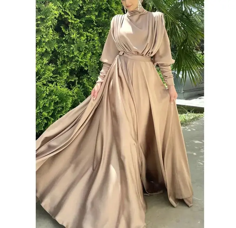 Low Price Muslim Wear Manufacturers Muslim Satin Modest Dress Wedding Party Prom Maxi  Evening Dress