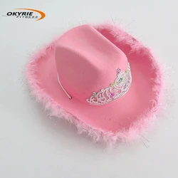 Новинка 2022, ковбойская шляпа OkyRie для карнавала розового цвета, ковбойская шляпа для костюмированной коровки с розовыми перьями и перьями Марабу
