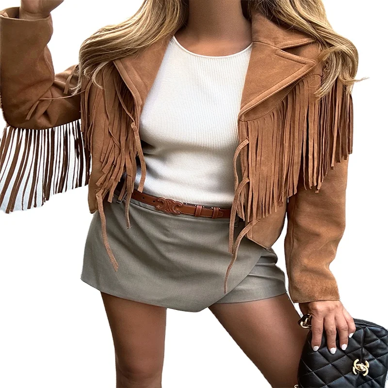 New Custom Women New Fashion Faux Suede Tassel Jackets Lapel Cropped Motorcycle Jacket