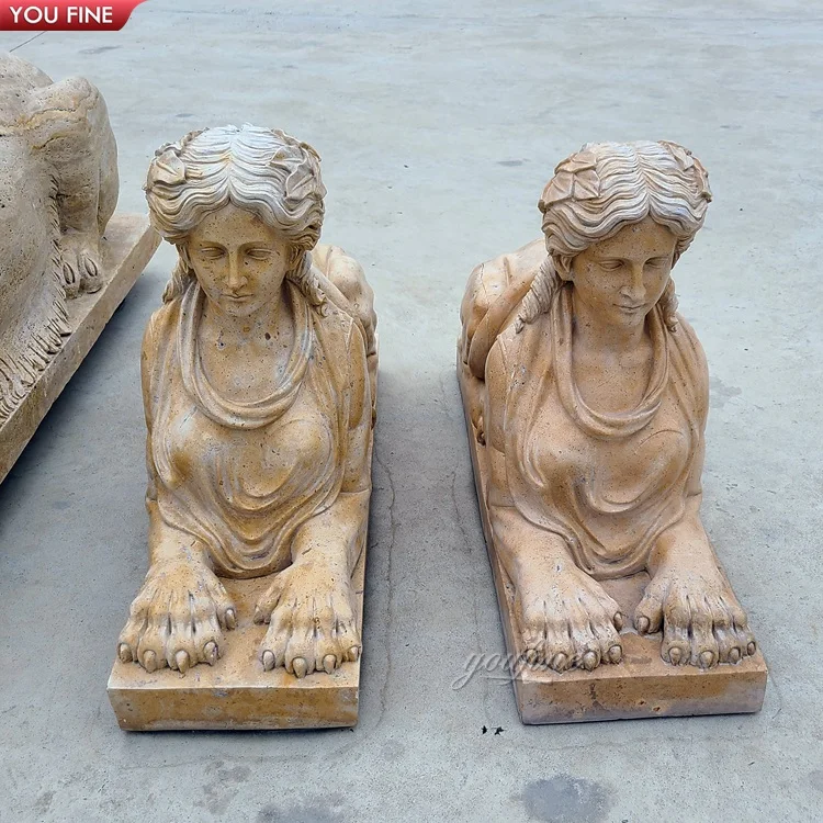 Уличная садовая статуя из натурального камня ручной работы под старину Египетский Сфинкс мраморная