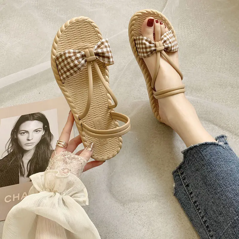Ladies Grid Pattern Shoes Hot Sale Classical Women for Women Fashion Summer Trend Woven Straw Flip Flops Bamboo Slippers Sandals