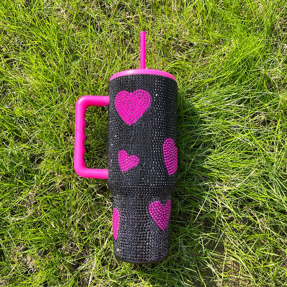 Reusable Insulated Vacuum Cup Double Wall Stainless Steel Diamond Bling Sweet Heart Travel Coffee Mug for Girl Gift