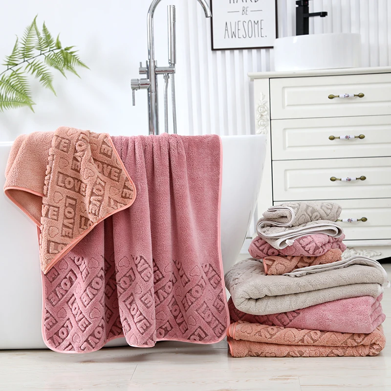 jacquard fabric coral fleece new released towel bathroom towel set high quality microfiber  bath towel hand softness