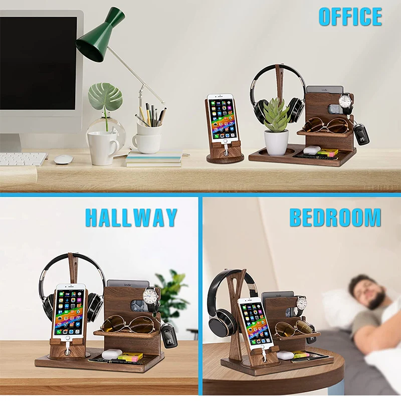 Desk storage rack bamboo phone docking station key holder wallet watch organizer desktop phone stand