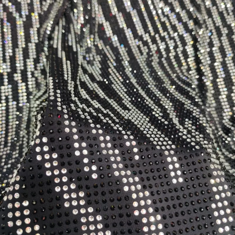 High Quality 2mm Space Rhinestones Shiny Black and White Crystals Glued to Spandex Fabric for Clothing
