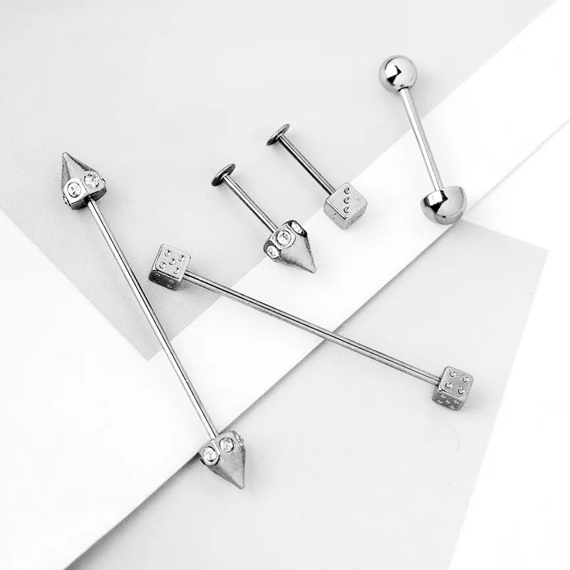 YICAI Fashion 316L Surgical Steel Straight Zircon Spike industrial barbell Piercing for Women Dice Tongue Piercing