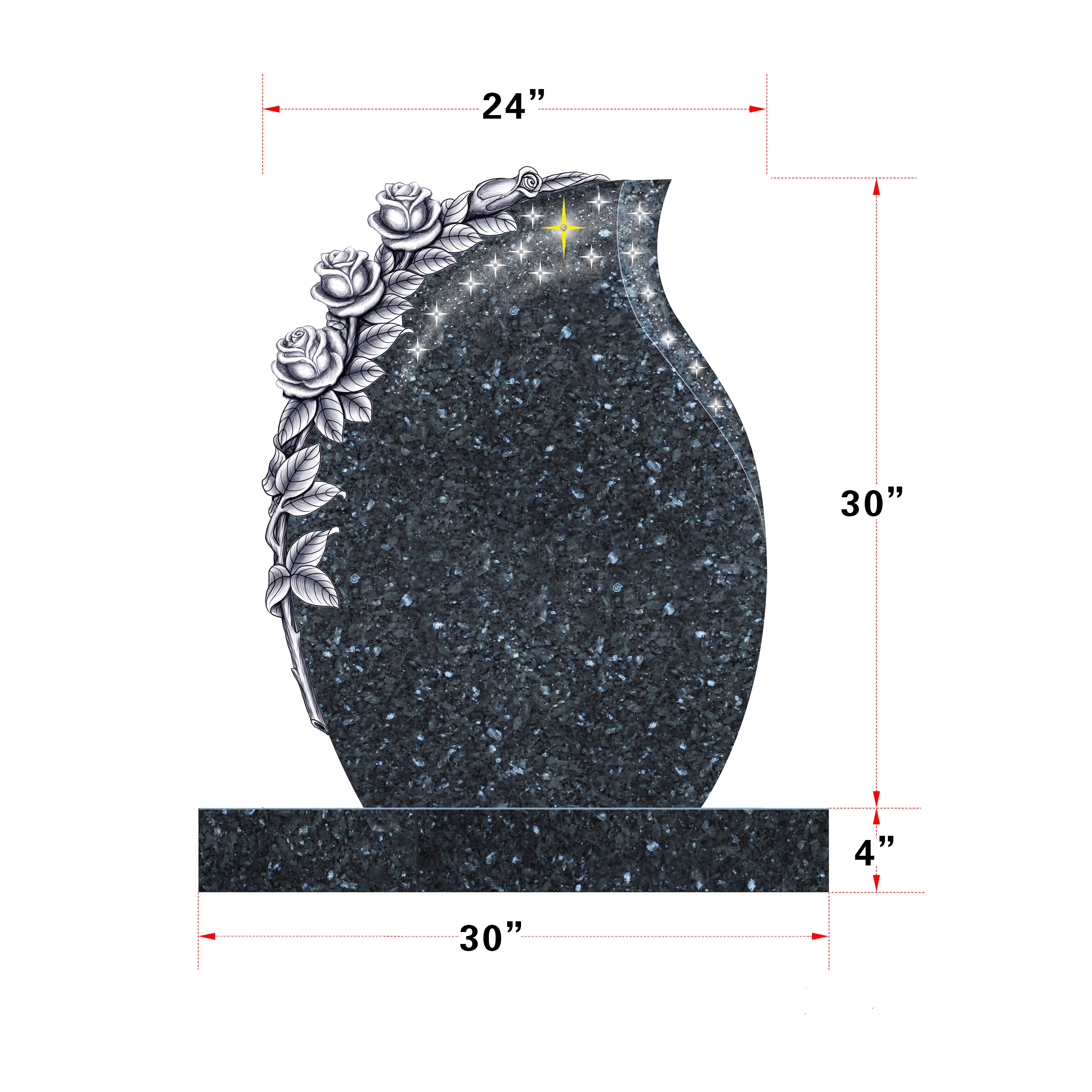 Custom Chinese Design Cemetery Heart Shape Blue Pearl Granite Headstone With Flower