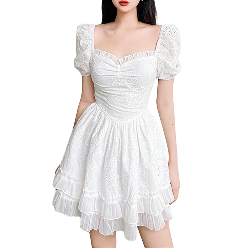 2022 Summer French Women Fashion Lace Short Sleeve Square Neck Ruffle White Mini Chiffon Dress