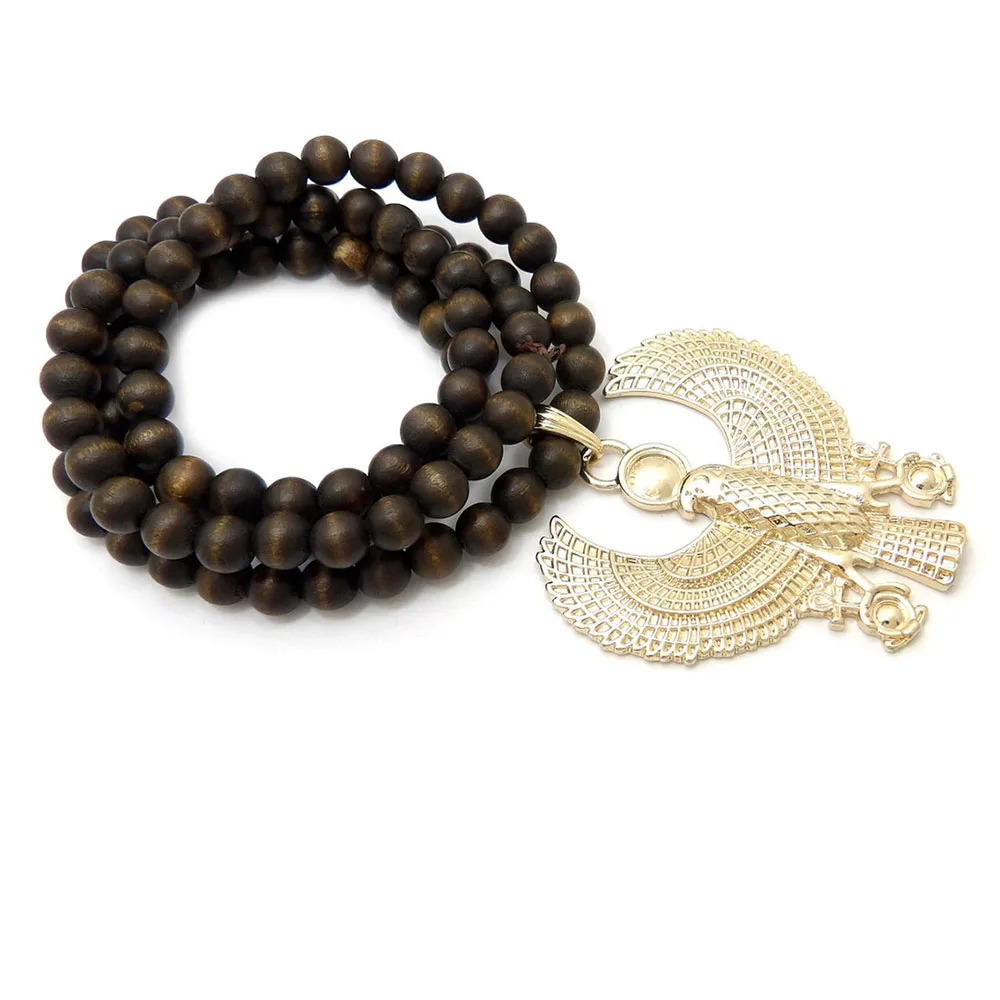 Custom Hip Hop Egyptian Bird God Pendant 8mm 30inch Wooden Beads Funky Chain Necklace