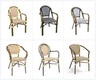 French Bistro Bamboo Rattan Chairs All-Weather Outdoor Restaurant Dining Set with Aluminum Frame Metal Material