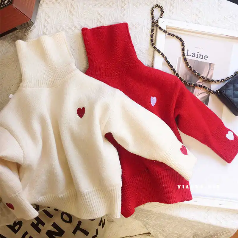 
Baby Girl Boy Sweater Love Heart Turtleneck Spring Winter Fall Infant Toddler Child Knitted Sweater Valentine Baby Clothes 1-10Y 