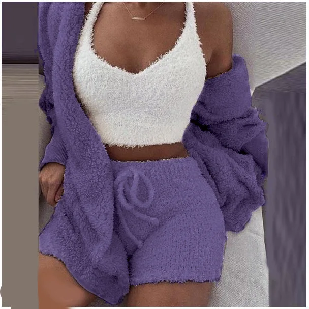 Winter polyester fiber sexy plush thick homewear leisure long sleeve vest shorts suit 3 piece pajama set women