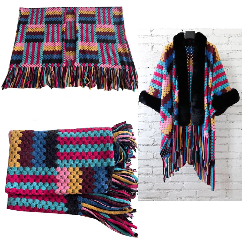 Lady Big Size Warp Scarf New Designed Wool Blended Color Blocked Shawl With Tassel Long Shawl With Fur Trim