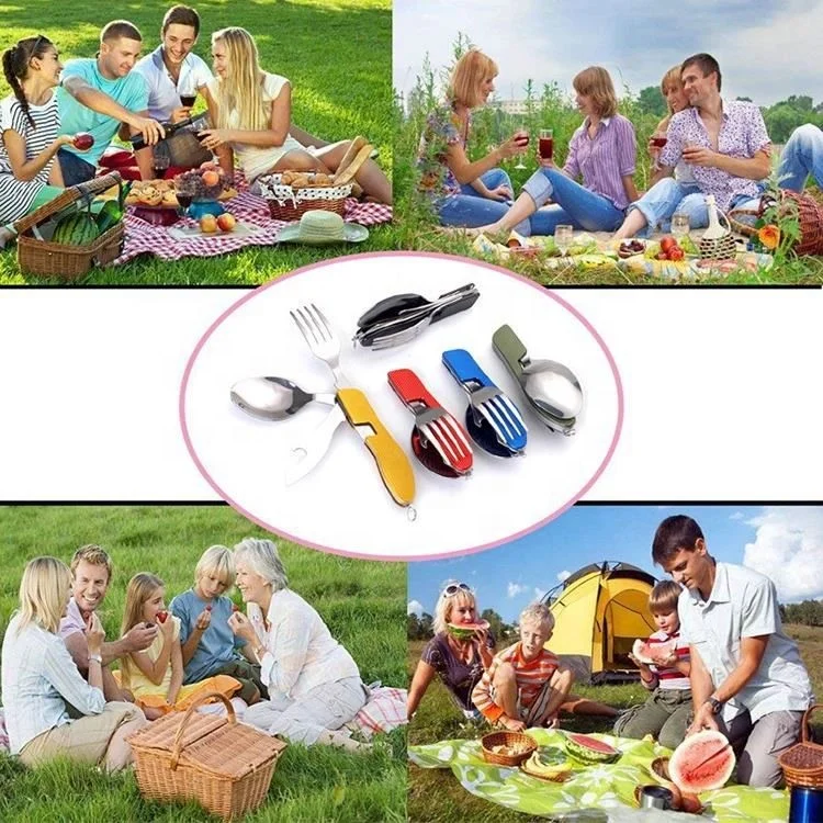Foldable stainless steel fork spoon knife opener outdoor tableware travel camping cutlery kit set