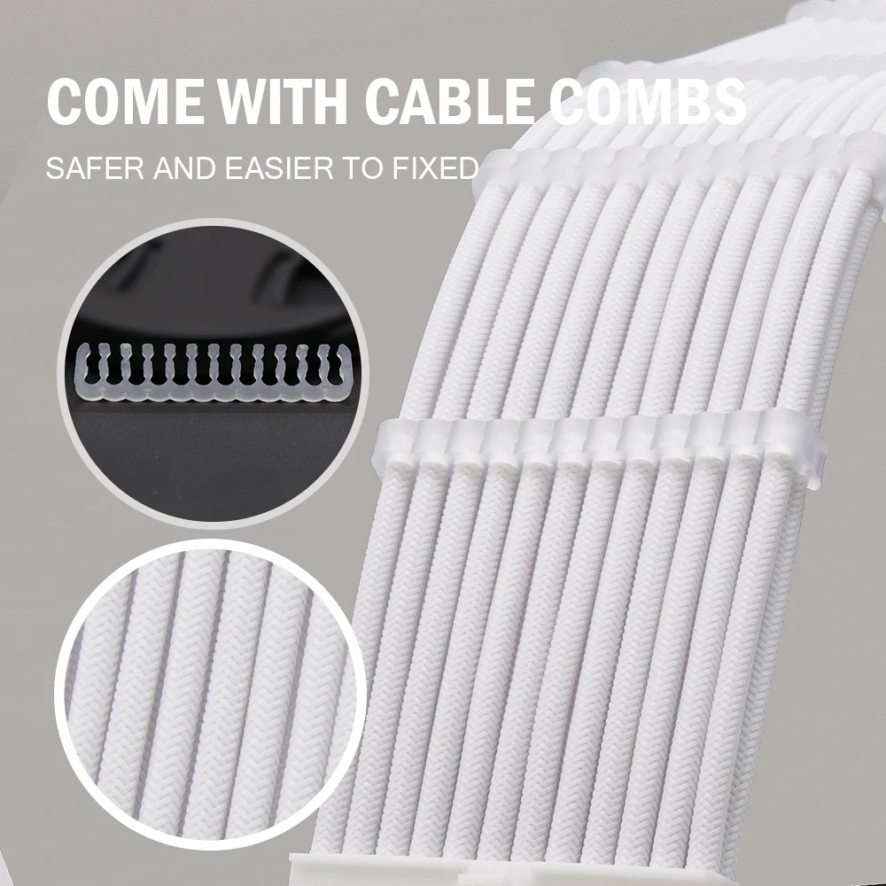 ATX 24P 8P 6P PSU Extension Cable 18AWG Softest PET Braided Sleeving White Cable Comb