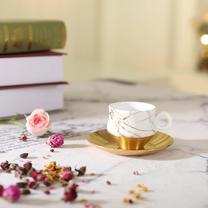 Elegant gold marble decor round handle china bone cup and golden saucer set turkish coffee cup ceramic cups