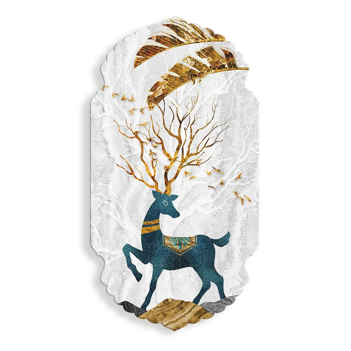 Modern Luxury Feather Deer Animal Decorative Painting Printing Unique Shape Irregular Wall Art Painting For Living Room