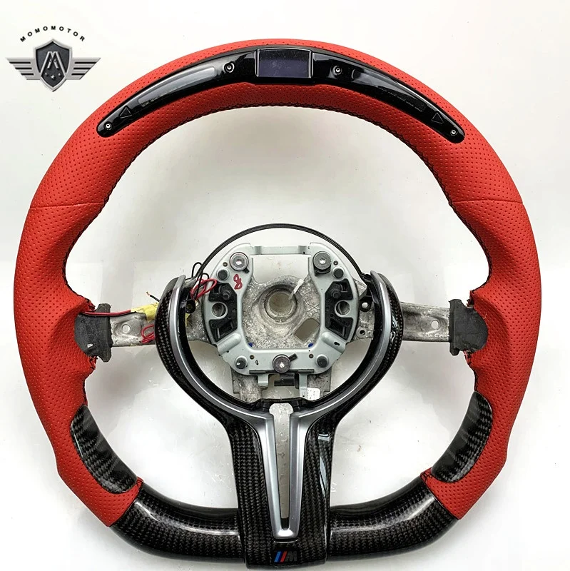 AUTO RACING CAR STEERING WHEEL FOR BMW E90 E92 M3 M4 F80 F82  F30 F31 F34 F35 CARBON FIBER LED STEERING WHEEL  WITH RED LEATHER