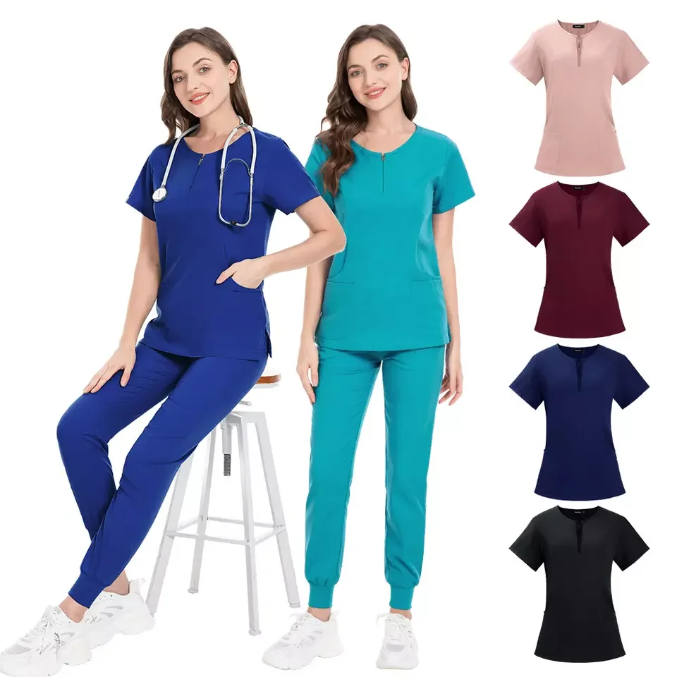 Custom logo elastic women hospital uniforms scrubs sets men women medical lab coats nurse scrubs sets top pants