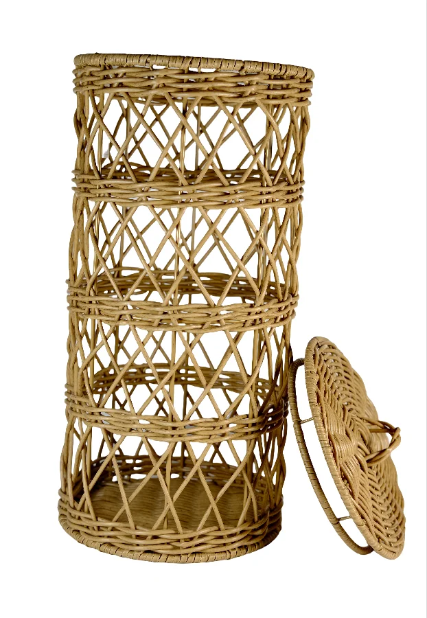 Hand-Woven Eco-Friendly Plastic Rattan Basket Metal Wheelie Wicker Storage Basket for Sundries
