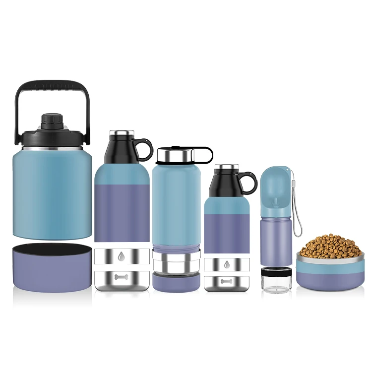 2022 Everich 2 In 1 32oz 64oz Custom Double Wall Stainless Steel portable Dog Water Bottle Food Feeding Bowl With Food storage