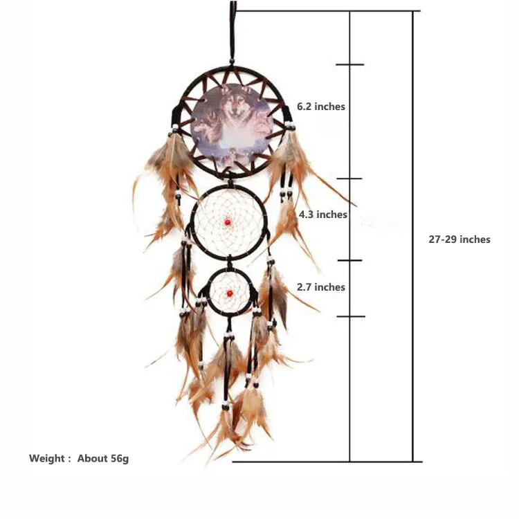 Hot Sale Indian Dream Catcher Wolf Head Oil Painting Handmade Dreamcatcher Home Decor Wall Hanging Natural Feather Pendant Room