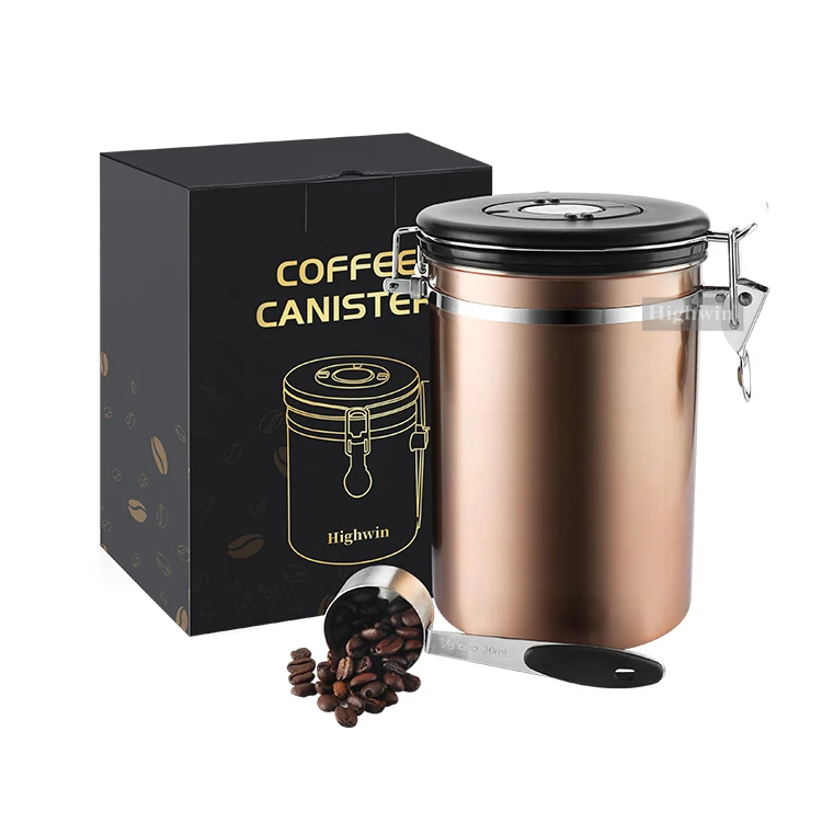 HIGHWIN Bronze Painting Airtight Stainless Steel Coffee Canister with Built-in CO2 Valve and Spoon