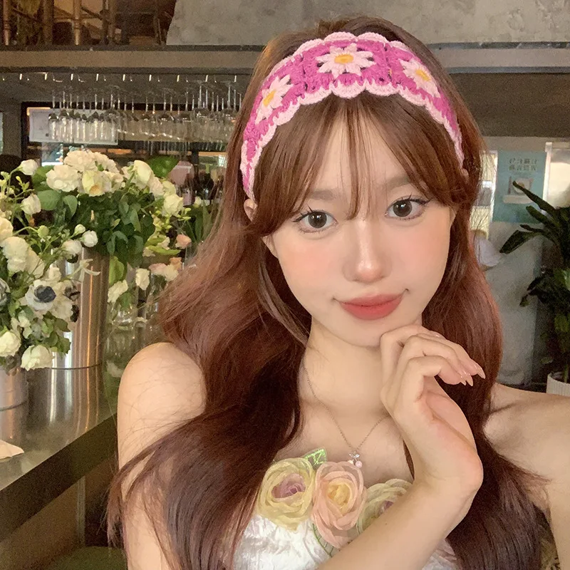 2024 New Fashion Summer Beach Handmade Knitted Bandana Women Floral Headscarf Crochet Headbands