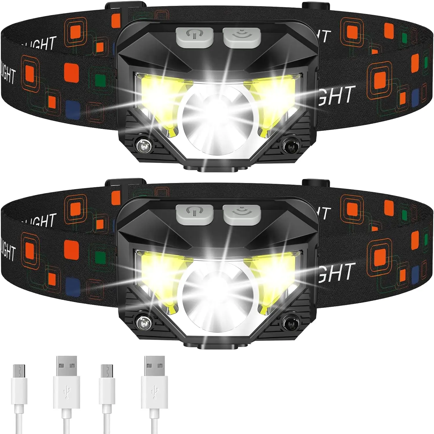 JQ Headlamp Flashlight 1200 Lumen Ultra-Light Bright LED Rechargeable Headlight with White Red Light 2-Pack Waterproof