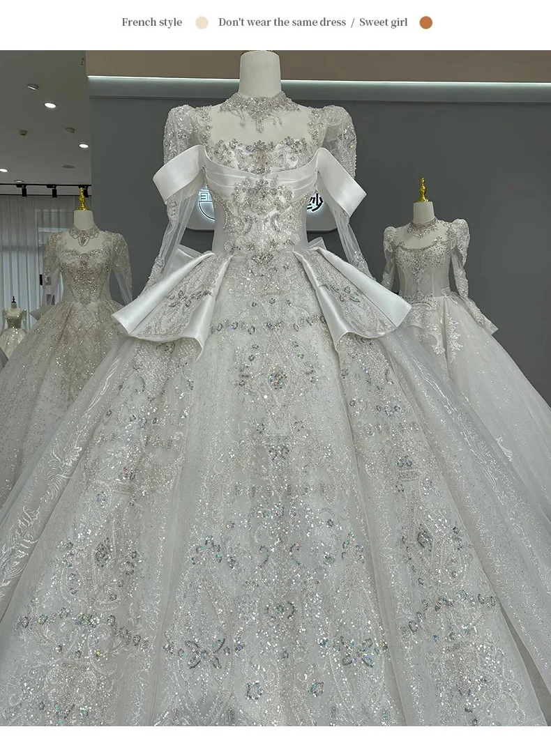 High-end wedding dress 2024 new bride main yarn high-grade French satin heavy wedding dress long sleeve