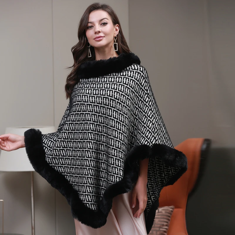 Fall And Winter Of Fashionfaux Fur Trim Cape Quality Fabric Fox Fur Trim Women Cape Coat Faux Cashmere Fur Shawl poncho shawl