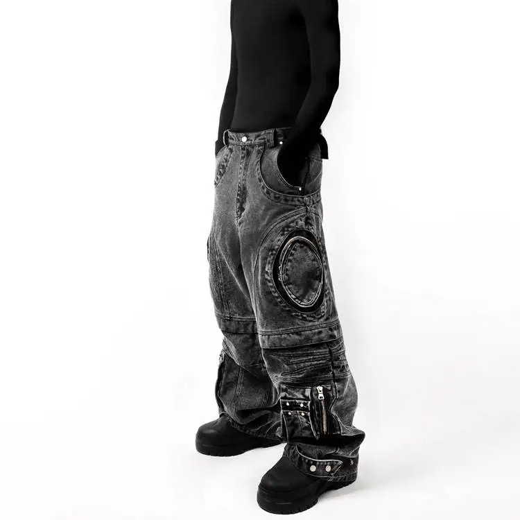 OEM Manufacturer Punk Rock Hip-hop Street Wear Cargo Jeans For Men With Multiple Large Pockets