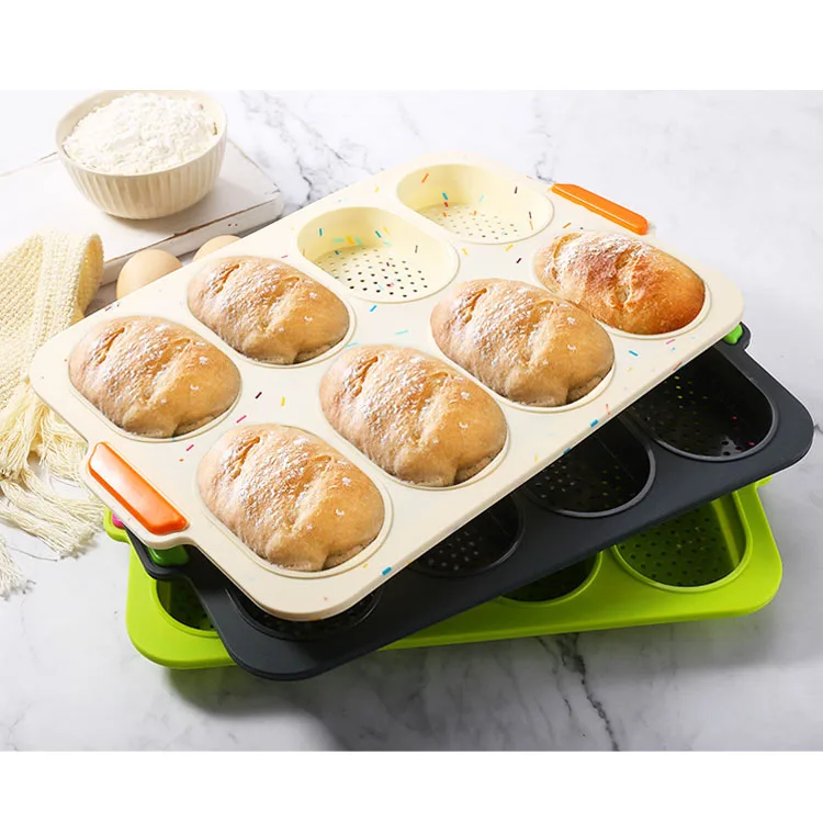 Silicone Cake Tools French Bread Baking Mold 8 Cavity DIY Non-Stick Form Perforated Muffin Pan Loaf Baking Hamburger Mould