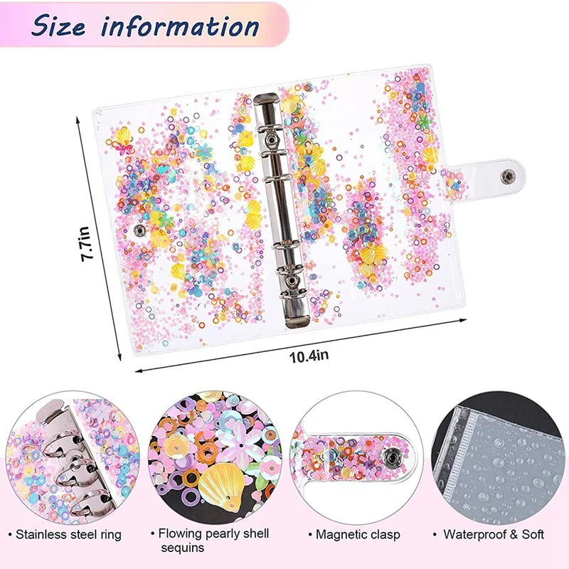 Joytop Custom Logo Clear Pvc 6 Ring Glitter Sequins Binder A6 Cash Envelope Budget System Binder