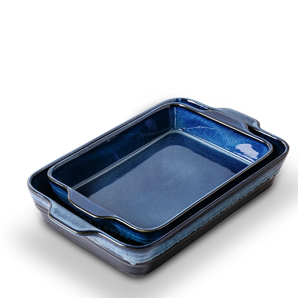 Unique appearance Planet kiln ceramic rectangle baking pan sets with two handles
