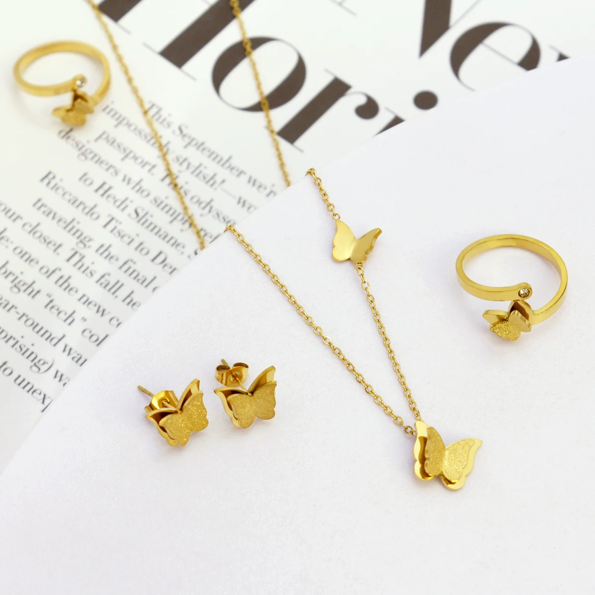 18K Gold Plated Jewelry Frosted Butterfly Pendant Stainless Steel Necklace Earrings Ring  Women Fashion Jewelry Sets