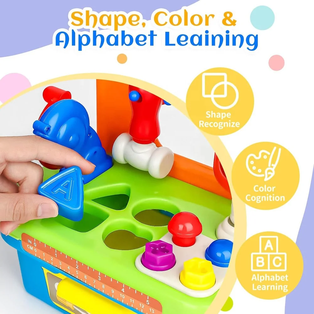 Kids pretend play workshop construction workbench toy shape sorter mini tool kit baby tool bench play set with sounds and lights