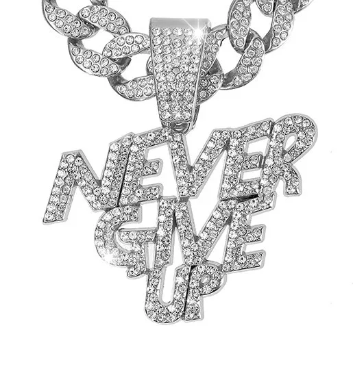 Alloy letters NEVE RGIVE UP Punk pendant Hip Hop men full of diamonds beautiful Cuban chain