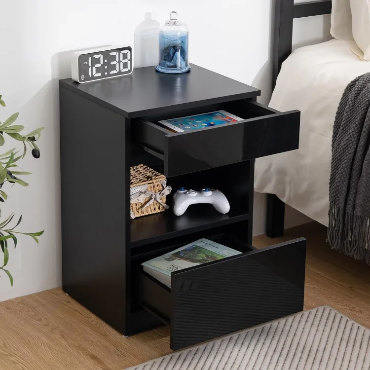Wholesale Furniture Supplier Cheap Bedside Table 2 Drawers Tables Wooden Black Modern End Side Fluted Nightstand