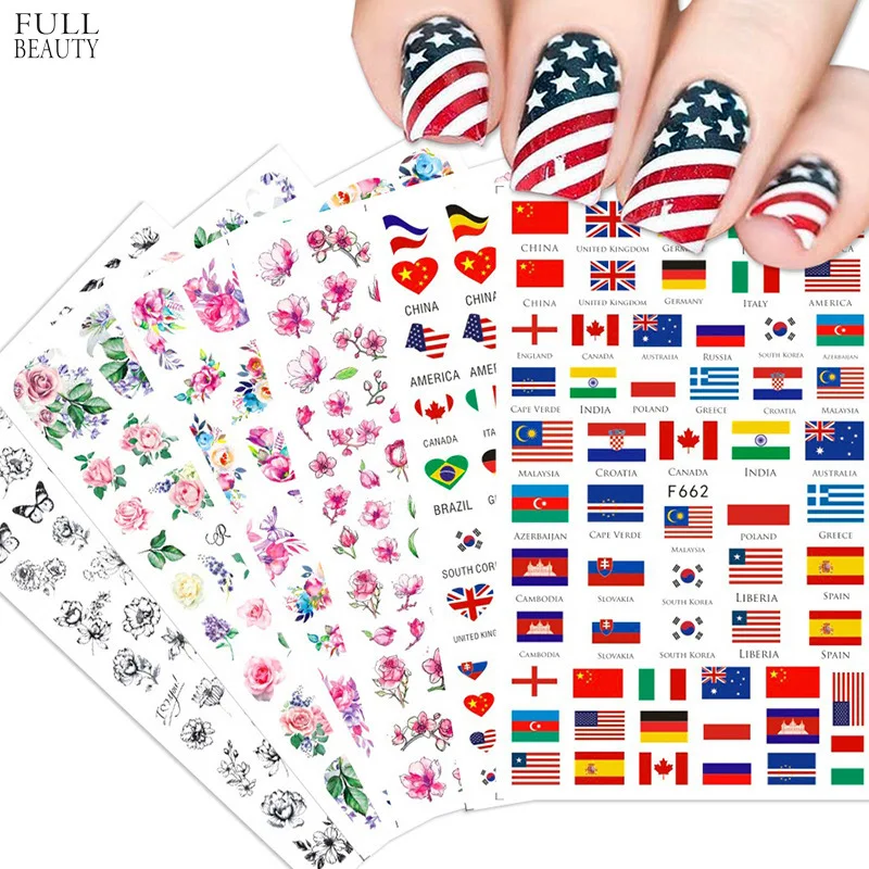 1Pc 3D Nail Sticker Decals DIY  National Flag Flowers Butterfly Decorations Sliders  Manicure Nail Art Stickers Decals